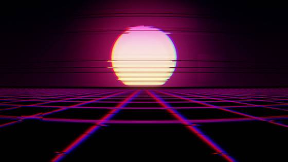 A striped retro sun setting over a red and blue neon grid floor, torn by horizontal scanline glitches