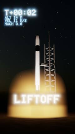A white rocket leaving a floodlit launch tower at night on a bright orange exhaust flame, with the word LIFTOFF across the frame