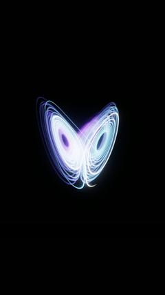 A glowing blue and violet butterfly shape on black, the Lorenz attractor traced as a single oscilloscope line